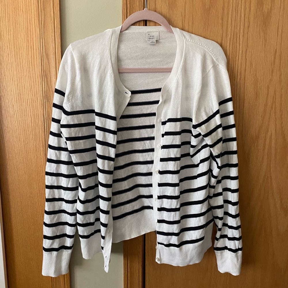 White and Navy Black Stripe Cardigan - A New Day